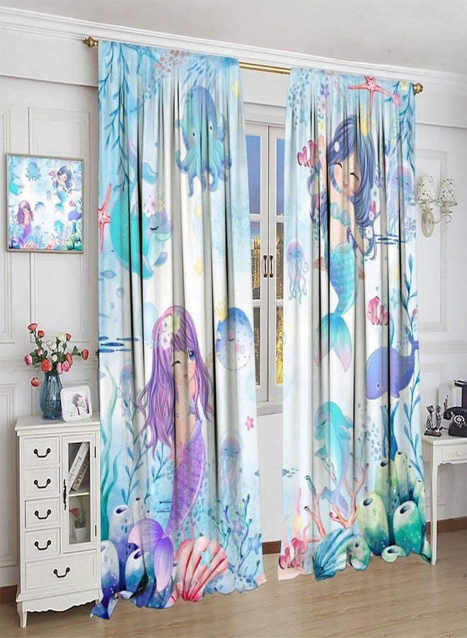 AAVEUP Mermaid Curtains for Girls,Cartoon Fantasy Blue Sea World Cute Jellyfish Dolphin Flower Mermaid Princess Window Treatments for Kids Nursery Bedroom Living Room 42x45in （No Blackout） - Image 4